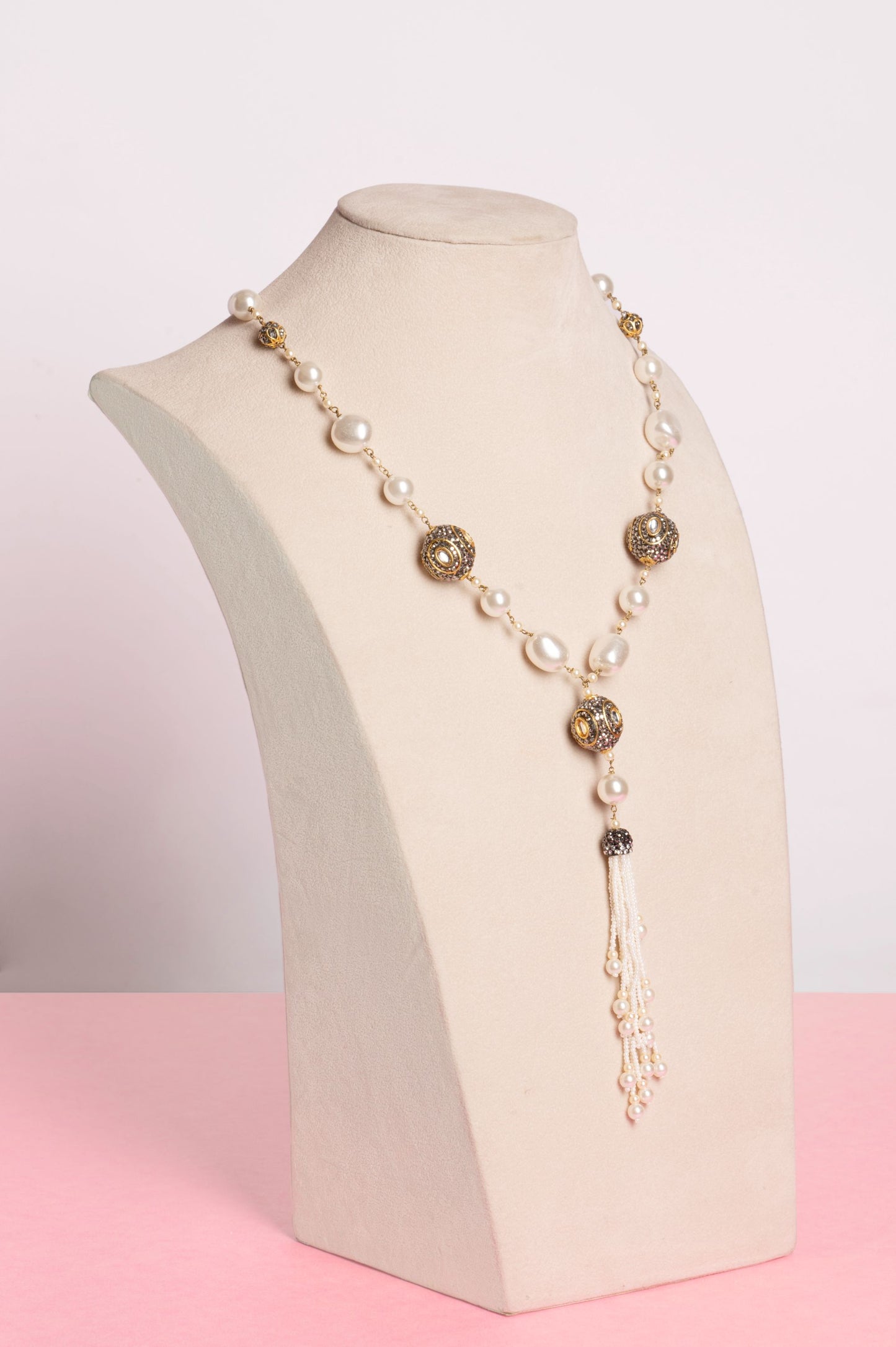 Baroque Pearl Necklace - White With Polki Marcasite