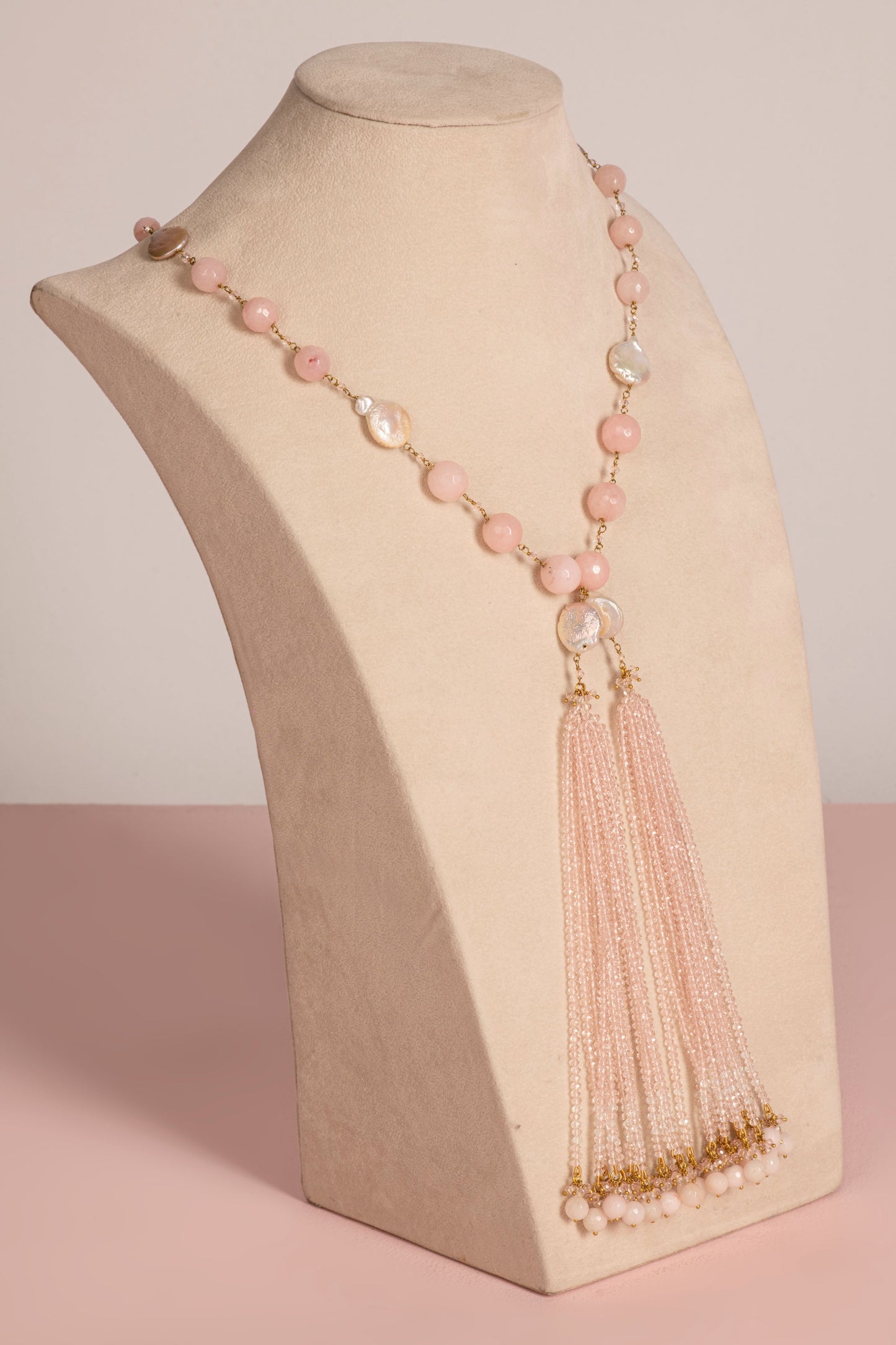 Lariat - Pink Crystal Beads with Baroque