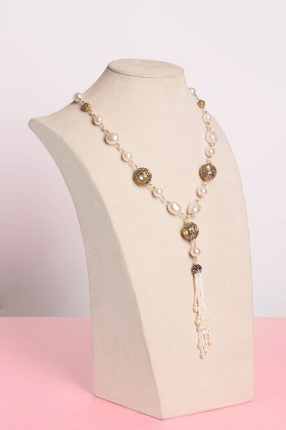 Baroque Pearl Necklace - White With Polki Marcasite