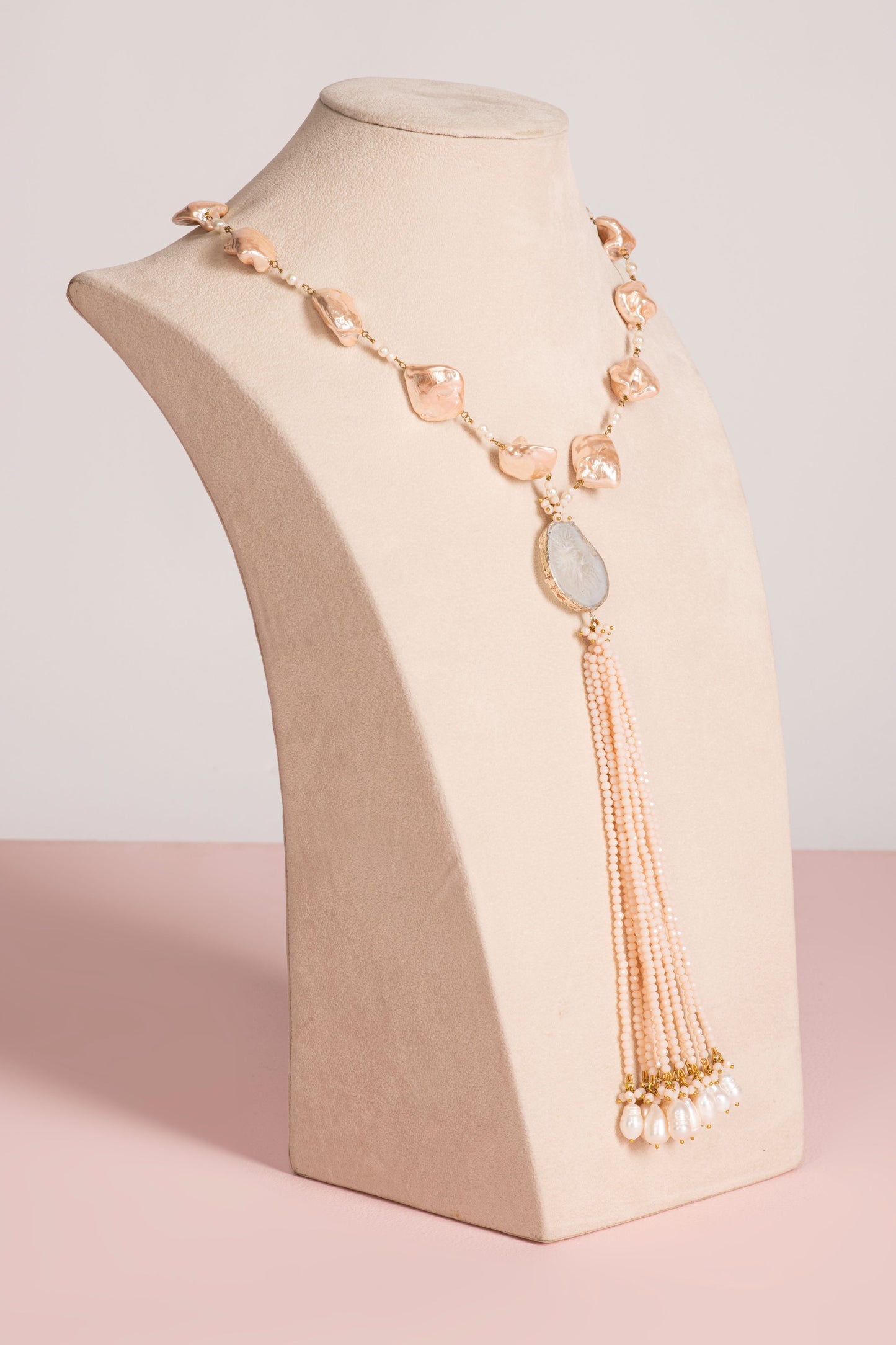 Baroque Pearl Necklace - Peach with Rough Stone