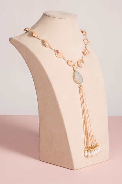 Baroque Pearl Necklace - Peach with Rough Stone