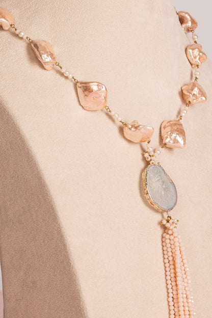 Baroque Pearl Necklace - Peach with Rough Stone