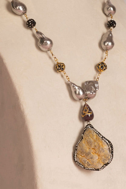 Baroque Pearl Necklace - Grey and Marcasite